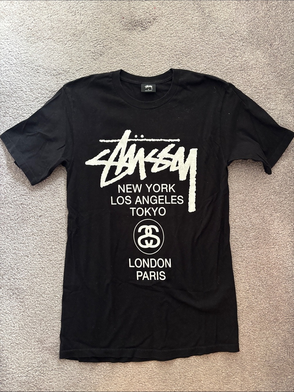 Stussy Black Logo Cities Crew Neck T-Shirt